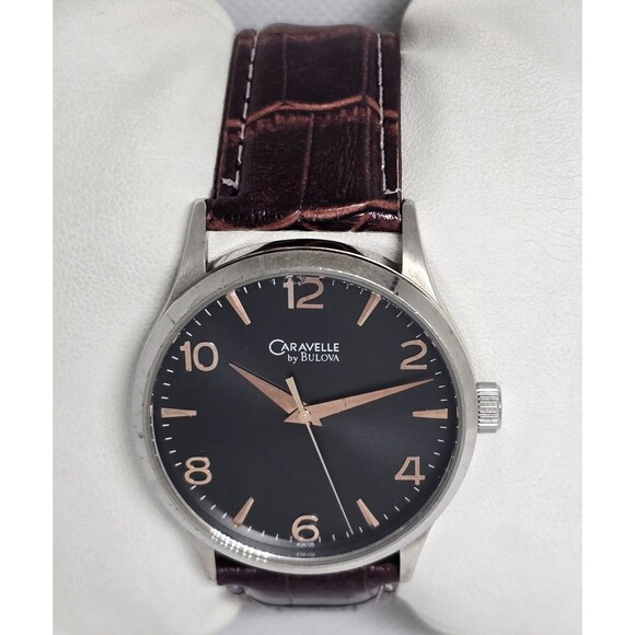 Men's Caravelle New York by Bulova Black Dial Brown Leather Strap Watch 13 - Picture 4 of 9